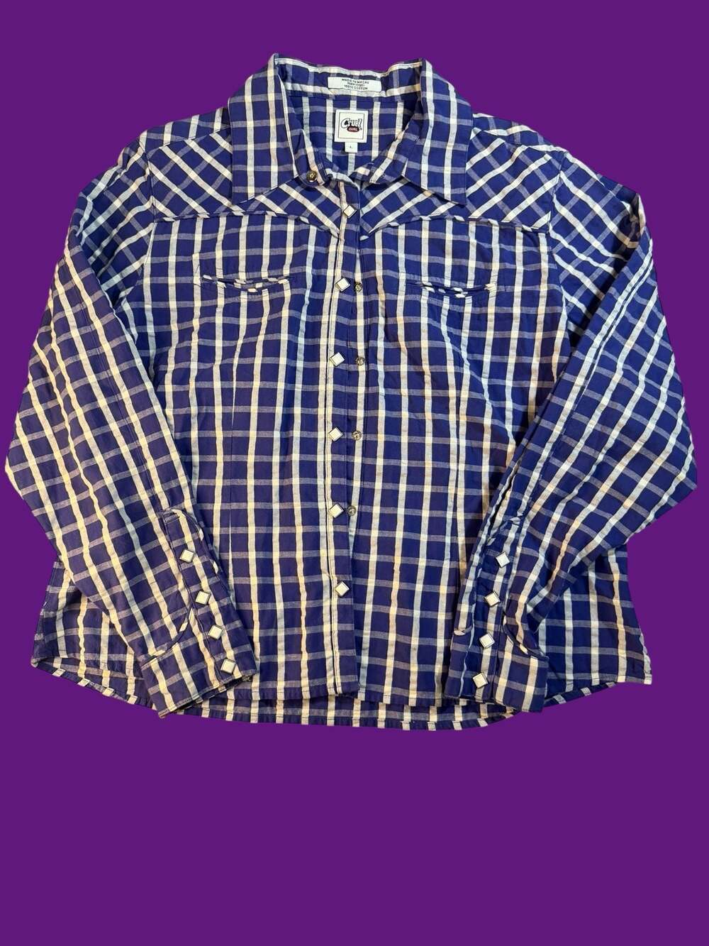 Cruel Girl Blue and White Plaid Western Pearl Snap Long Sleeve Shirt Size L